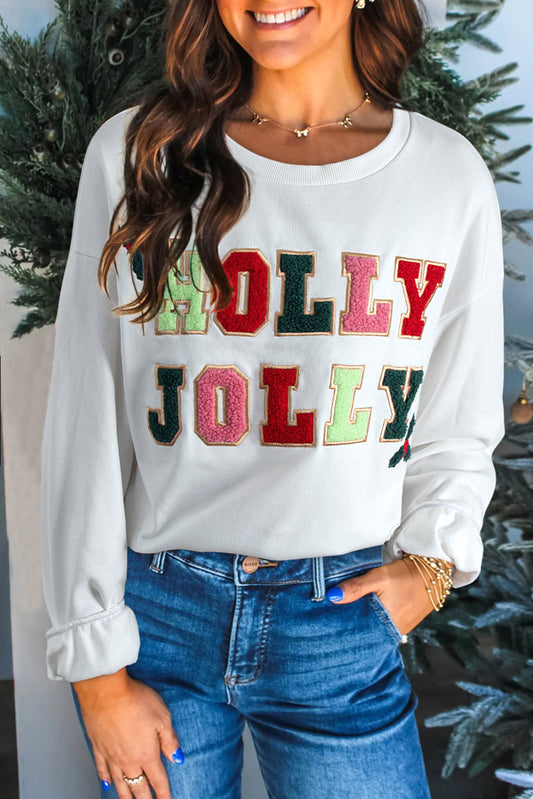 White HOLLY JOLLY Embroidered Graphic Pullover Sweatshirt-Tops/Sweatshirts & Hoodies-[Adult]-[Female]-White-S-2022 Online Blue Zone Planet