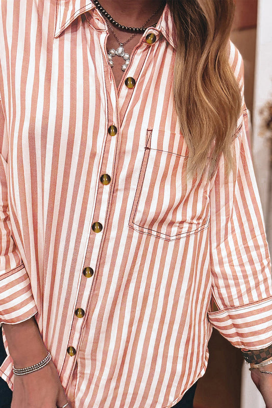 Brown Stripe Western Button Down Long Sleeve Casual Shirt-Tops/Blouses & Shirts-[Adult]-[Female]-2022 Online Blue Zone Planet