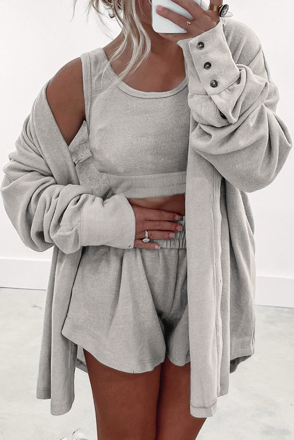 Gray 3 Pcs Crop Tank Top Shorts with Cardigan Lounge Set-Loungewear & Sleepwear/Loungewear-[Adult]-[Female]-2022 Online Blue Zone Planet