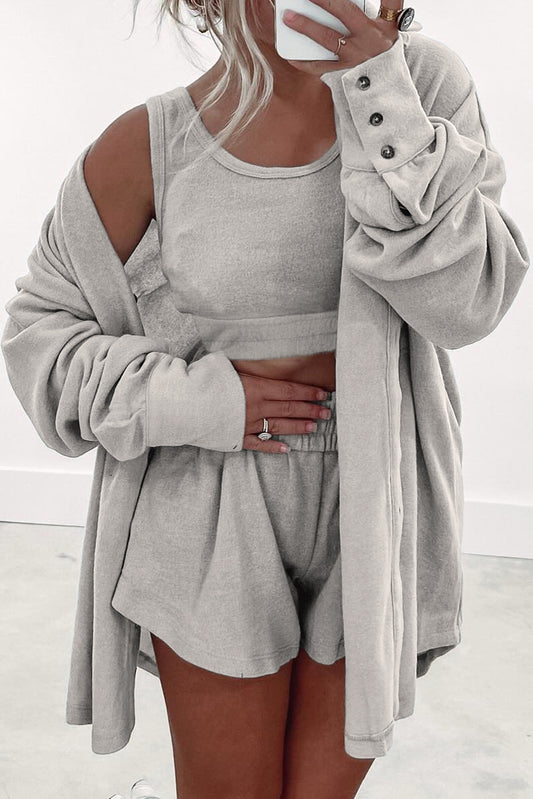 Gray 3 Pcs Crop Tank Top Shorts with Cardigan Lounge Set-Loungewear & Sleepwear/Loungewear-[Adult]-[Female]-2022 Online Blue Zone Planet