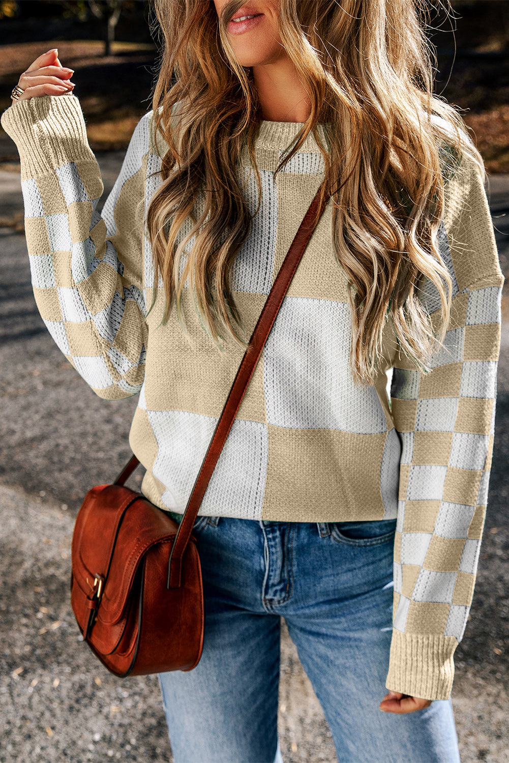 Flaxen Checkered Print Drop Shoulder Sweater-TOPS / DRESSES-[Adult]-[Female]-2022 Online Blue Zone Planet