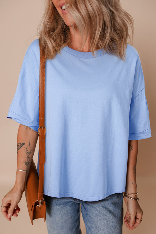 Myosotis Loose Half Sleeve Hi Low Hem T Shirt-Tops/Tops & Tees-[Adult]-[Female]-Myosotis-S-2022 Online Blue Zone Planet