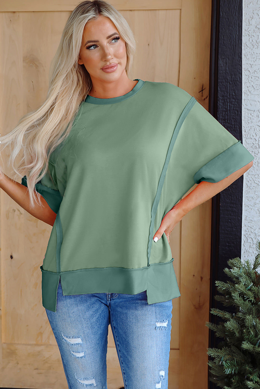 Smoke Green Half Sleeve Raw Seam High Low Side Split Top-Tops/Tops & Tees-[Adult]-[Female]-2022 Online Blue Zone Planet