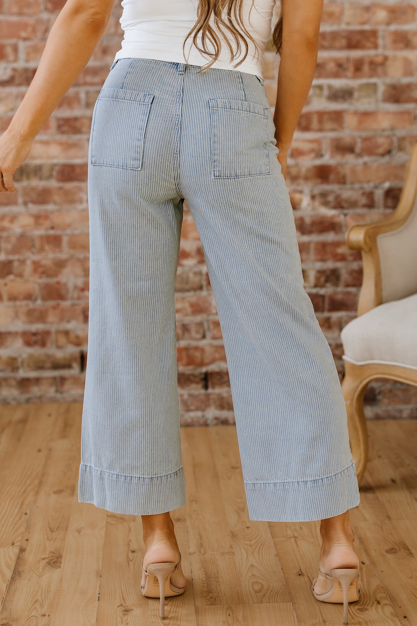 Sky Blue Stripe Button Flap Pocket Cuffed Hem Wide Leg Jeans-Bottoms/Jeans-[Adult]-[Female]-2022 Online Blue Zone Planet