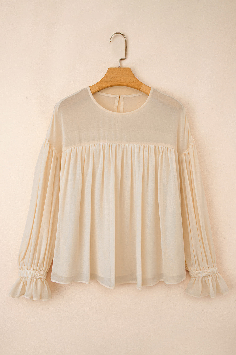 Parchment Pleated Ruffle Long Sleeve Chiffon Blouse-Tops/Blouses & Shirts-[Adult]-[Female]-2022 Online Blue Zone Planet