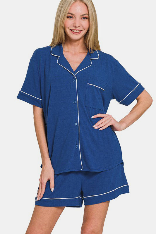 Zenana Button Down Short Sleeve Top and Shorts Lounge Set-TOPS / DRESSES-[Adult]-[Female]-Navy-S-2022 Online Blue Zone Planet