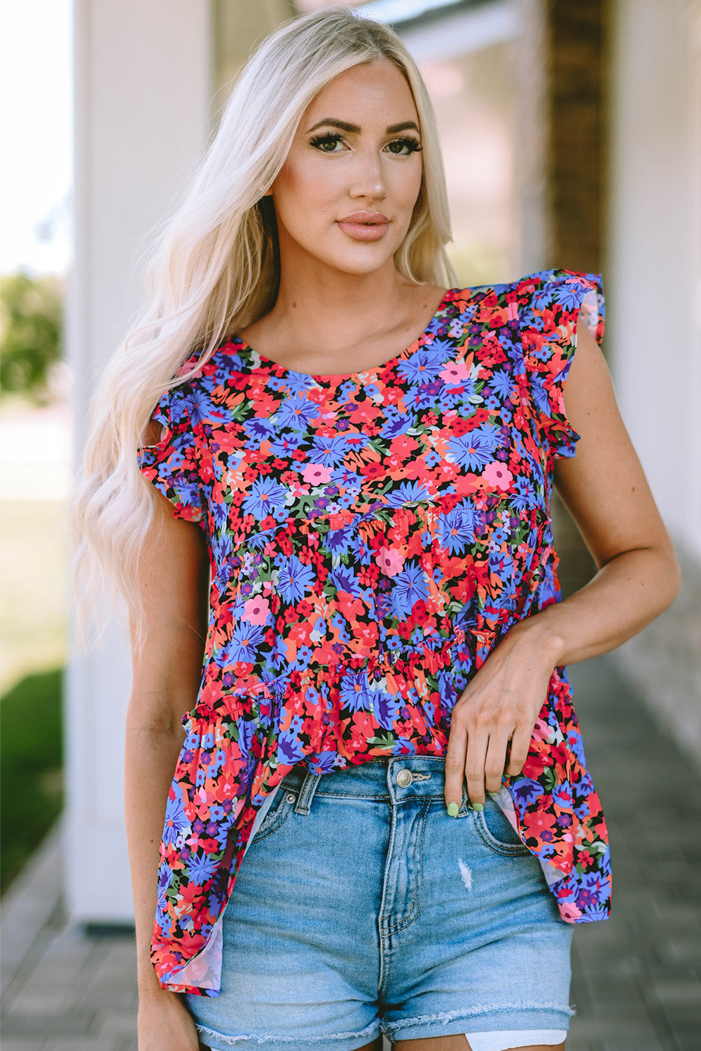 Multicolor Floral Print Ruffle Tiered Short Sleeve Babydoll Top-Tops/Blouses & Shirts-[Adult]-[Female]-Multicolor-S-2022 Online Blue Zone Planet