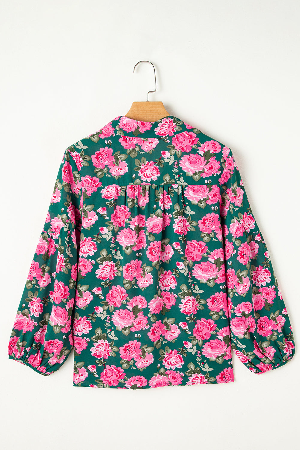 Green Floral Print Collared Puff Sleeve Blouse-Blouses-[Adult]-[Female]-2022 Online Blue Zone Planet