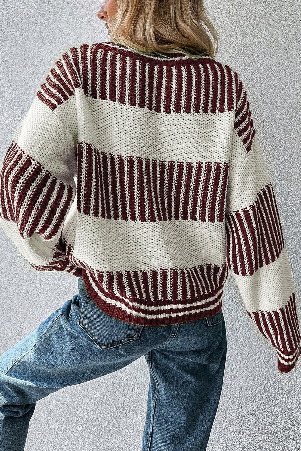 Brown Two Tone Striped Patchwork Drop Shoulder Loose Sweater-TOPS / DRESSES-[Adult]-[Female]-2022 Online Blue Zone Planet