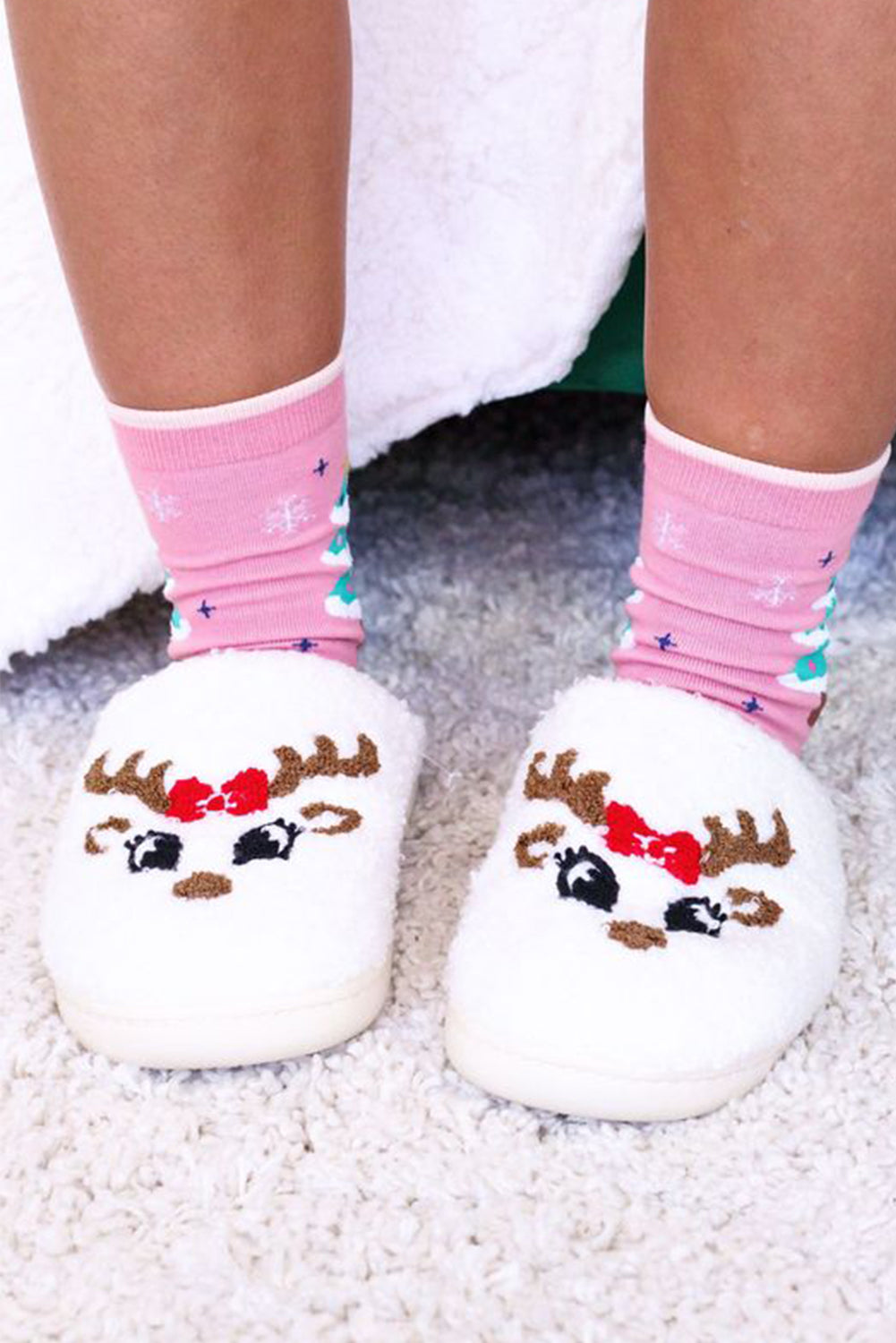 White Christmas Cartoon Pattern Plush Slippers-Shoes & Bags/Slippers-[Adult]-[Female]-2022 Online Blue Zone Planet