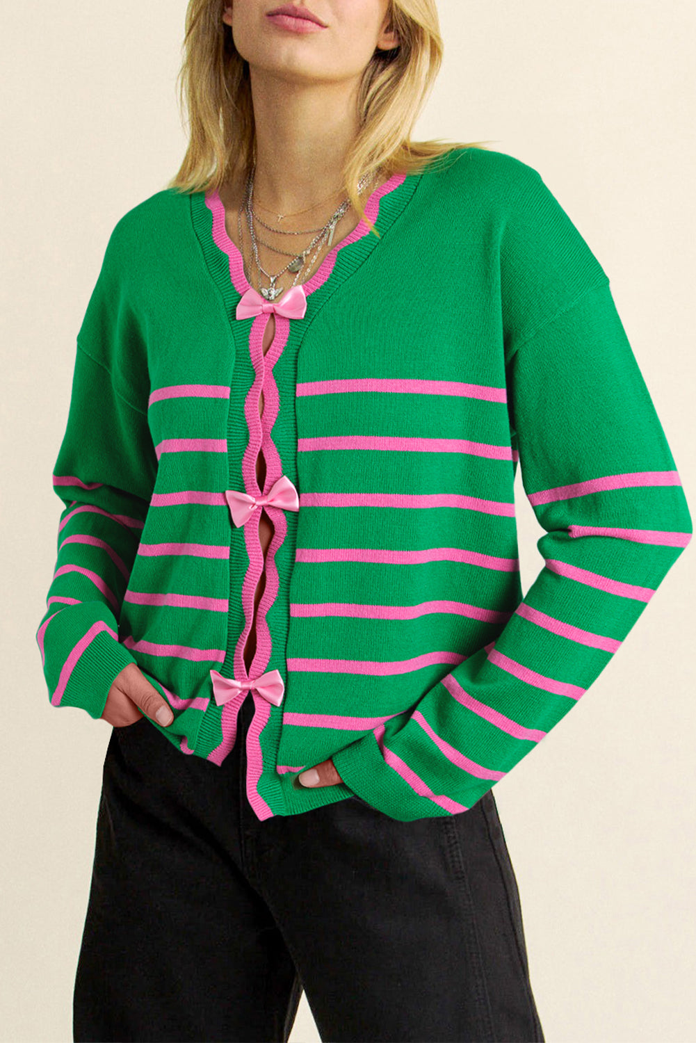 Bow Striped V-Neck Long Sleeve Cardigan-TOPS / DRESSES-[Adult]-[Female]-Green-L-2022 Online Blue Zone Planet