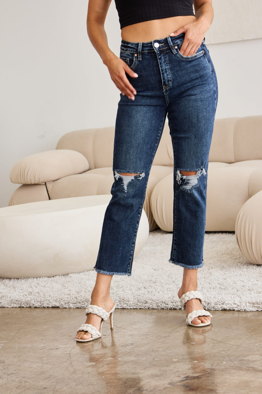 RFM Crop Dylan Full Size Tummy Control Distressed High Waist Raw Hem Jeans-BOTTOM SIZES SMALL MEDIUM LARGE-[Adult]-[Female]-2022 Online Blue Zone Planet