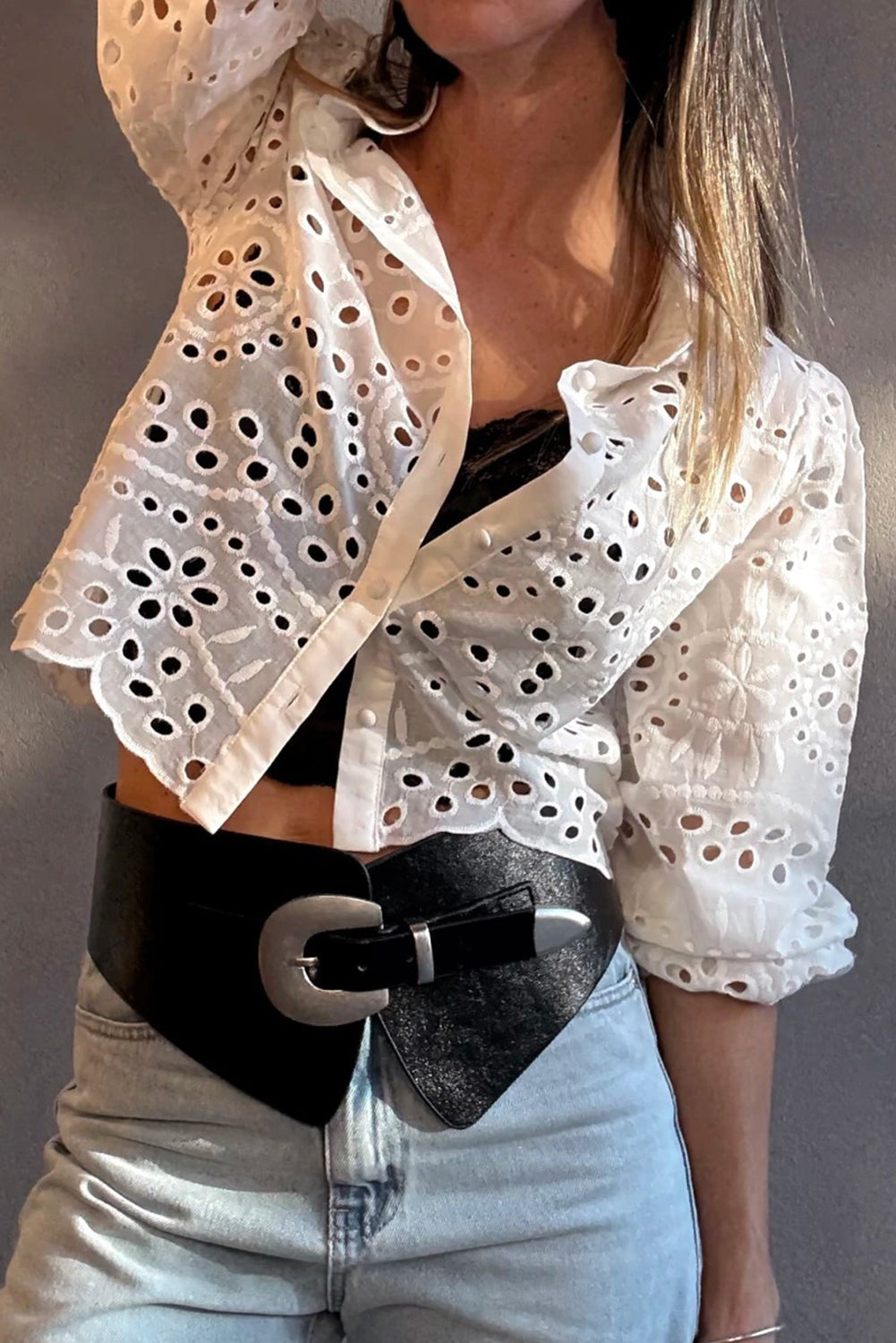 White Eyelet Embroidered Puff Sleeve Crop Shirt-Tops/Blouses & Shirts-[Adult]-[Female]-2022 Online Blue Zone Planet