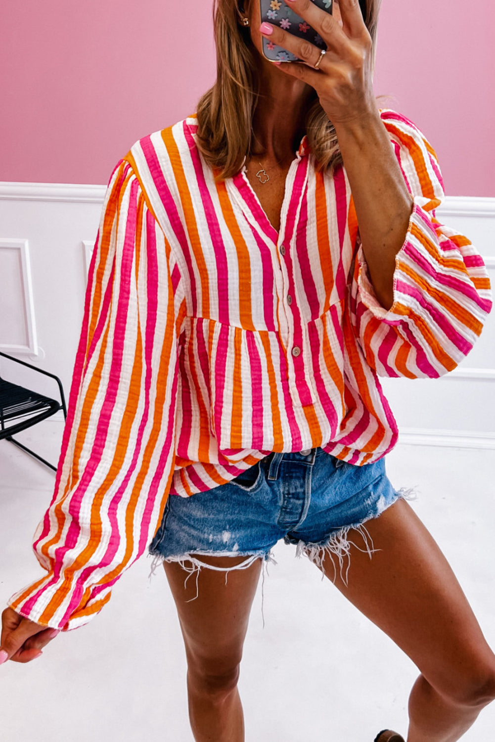 Blue Zone Planet | Orange Stripe Balloon Sleeve Notched V Neck Buttoned Front Blouse-Tops/Blouses & Shirts-[Adult]-[Female]-2022 Online Blue Zone Planet