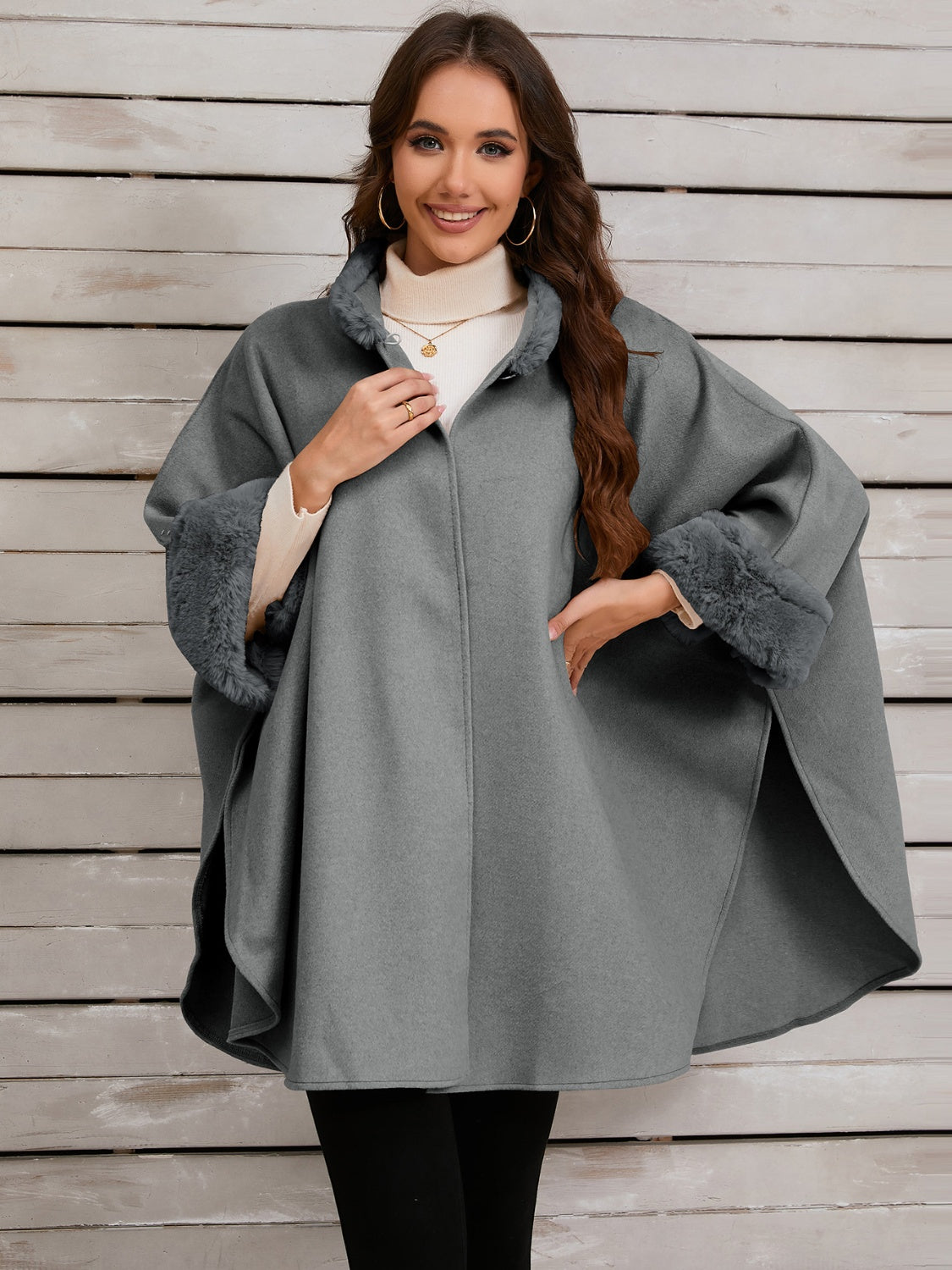 Fuzzy Trim Long Sleeve Poncho-TOPS / DRESSES-[Adult]-[Female]-2022 Online Blue Zone Planet