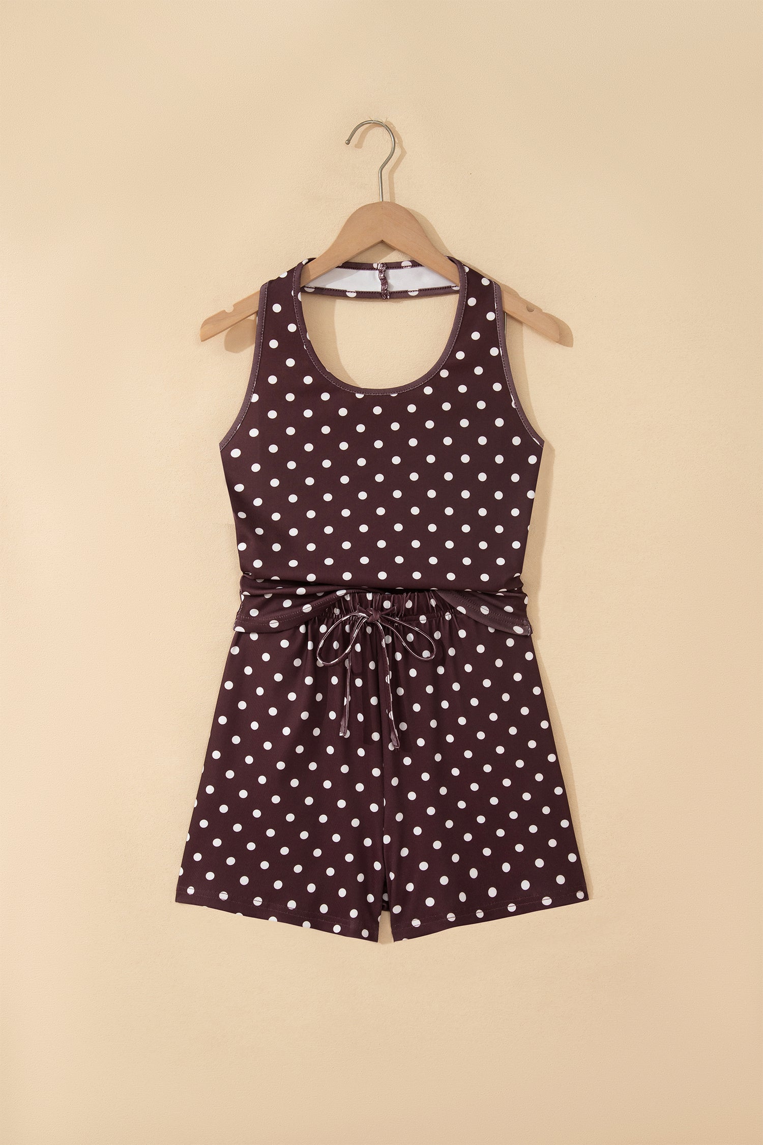 Brown Polka Dot Halter Tank Drawstring Elastic Waist Short Set-Two Piece Sets/Short Sets-[Adult]-[Female]-2022 Online Blue Zone Planet