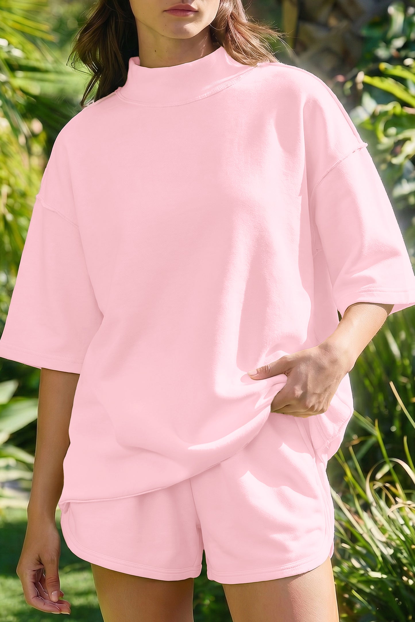 Light Pink Solid Color Exposed Seam Mock Neck Oversize Tee Casual Shorts 2pcs Outfit-Two Piece Sets/Short Sets-[Adult]-[Female]-2022 Online Blue Zone Planet