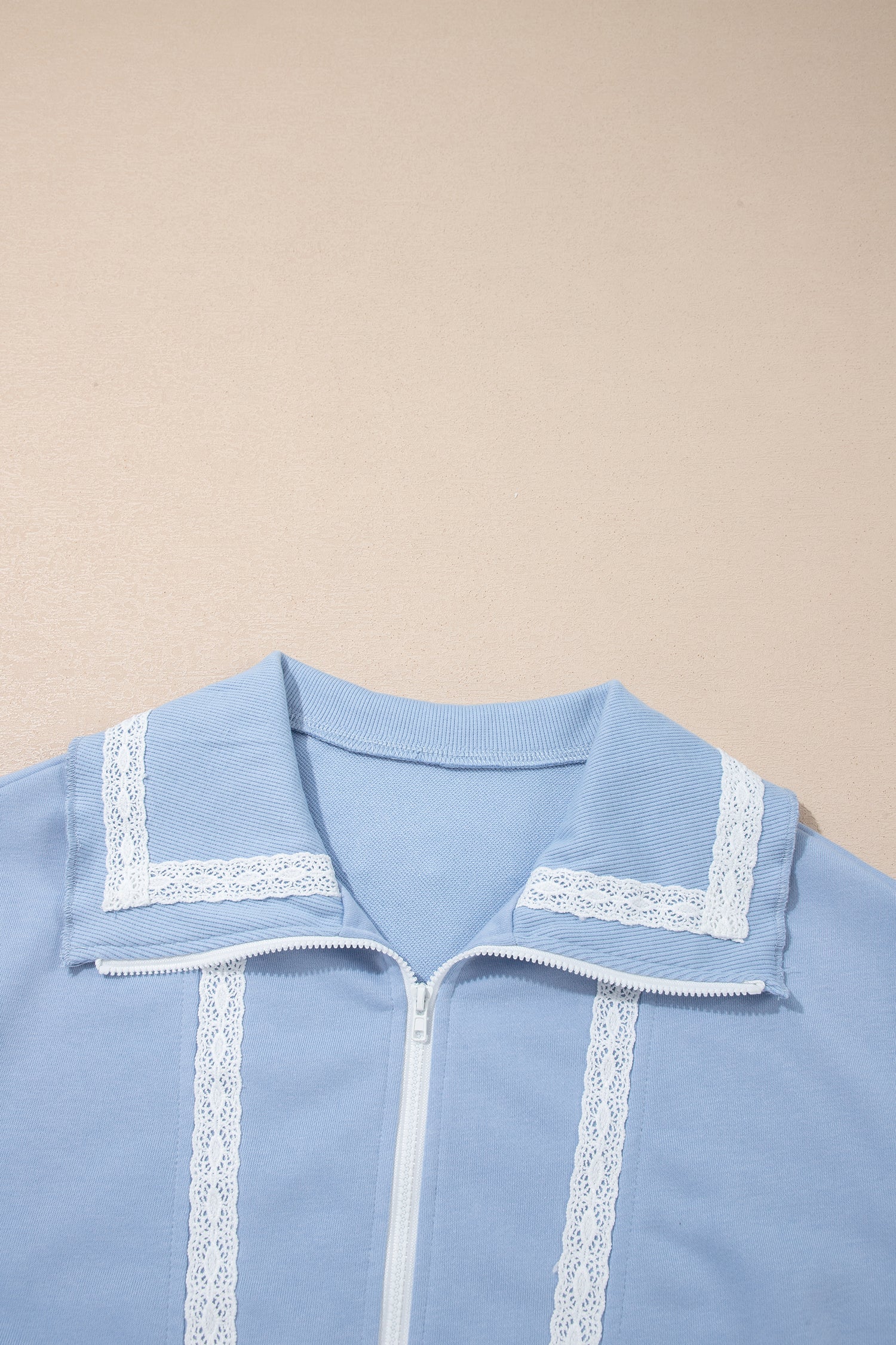 Sky Blue Lace Accent Zipped Collar Short Sleeve Top Sweatpants Set-Two Piece Sets/Pant Sets-[Adult]-[Female]-2022 Online Blue Zone Planet