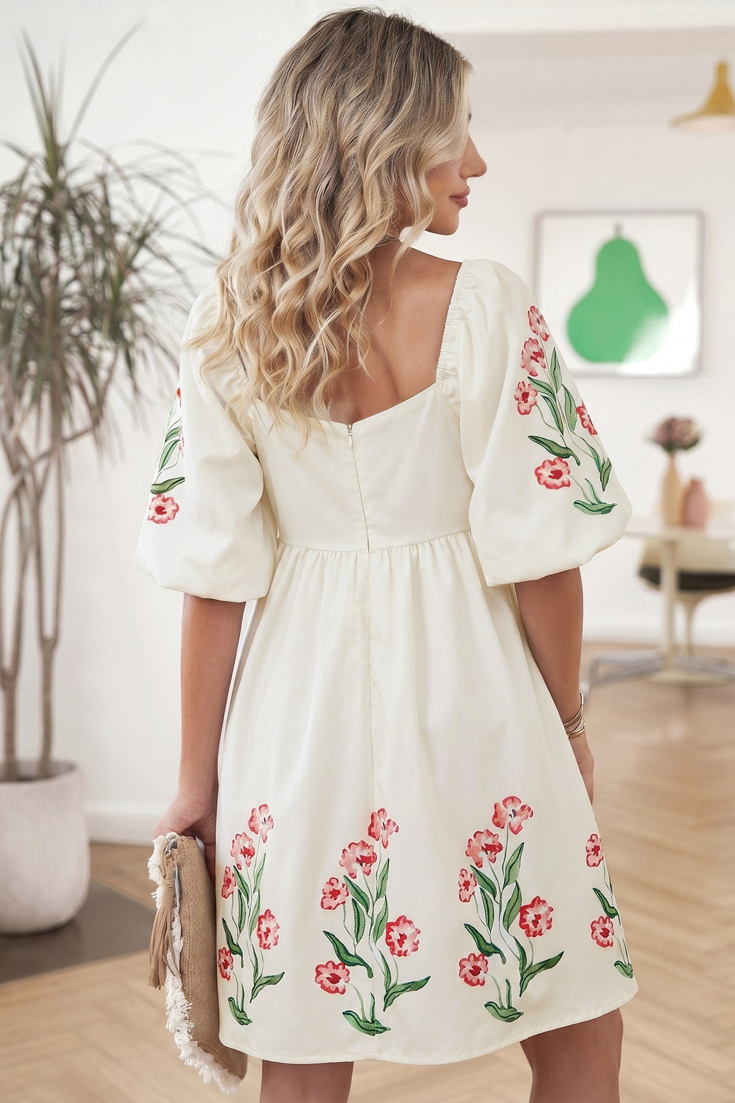 Beige Floral Print Puff Sleeve Babydoll Dress-TOPS / DRESSES-[Adult]-[Female]-2022 Online Blue Zone Planet