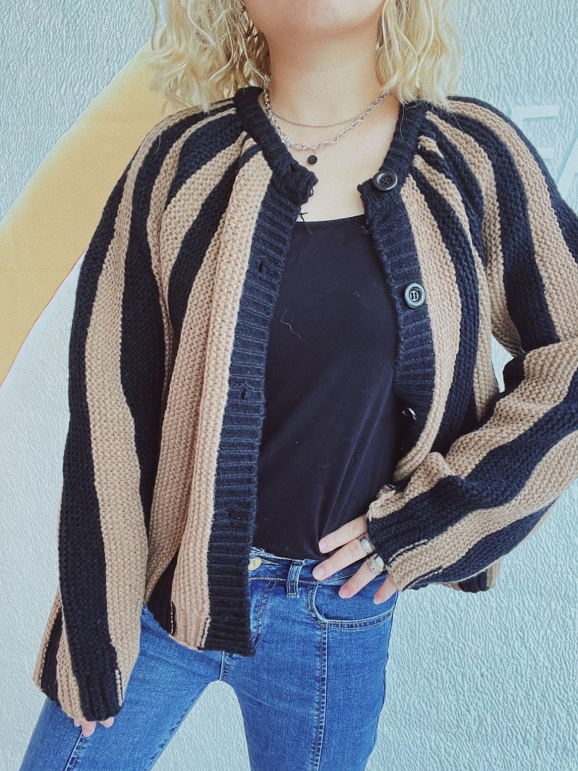 Contrast Stripes Button Down Long Sleeve Cardigan-TOPS / DRESSES-[Adult]-[Female]-2022 Online Blue Zone Planet