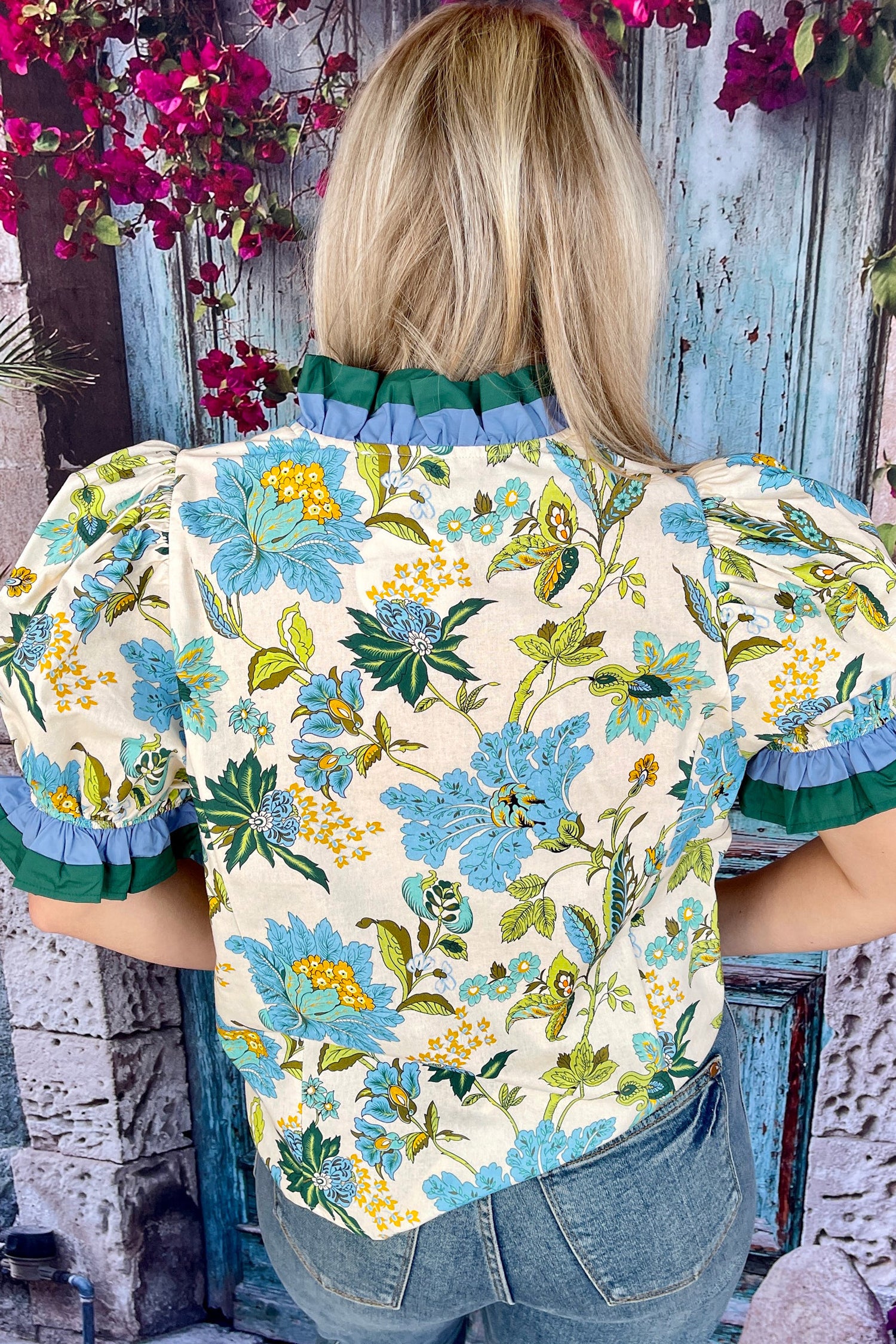 Sky Blue Plus Size Frilled V Neck Short Sleeve Floral Blouse-Plus Size/Plus Size Tops/Plus Size Blouses & Shirts-[Adult]-[Female]-2022 Online Blue Zone Planet
