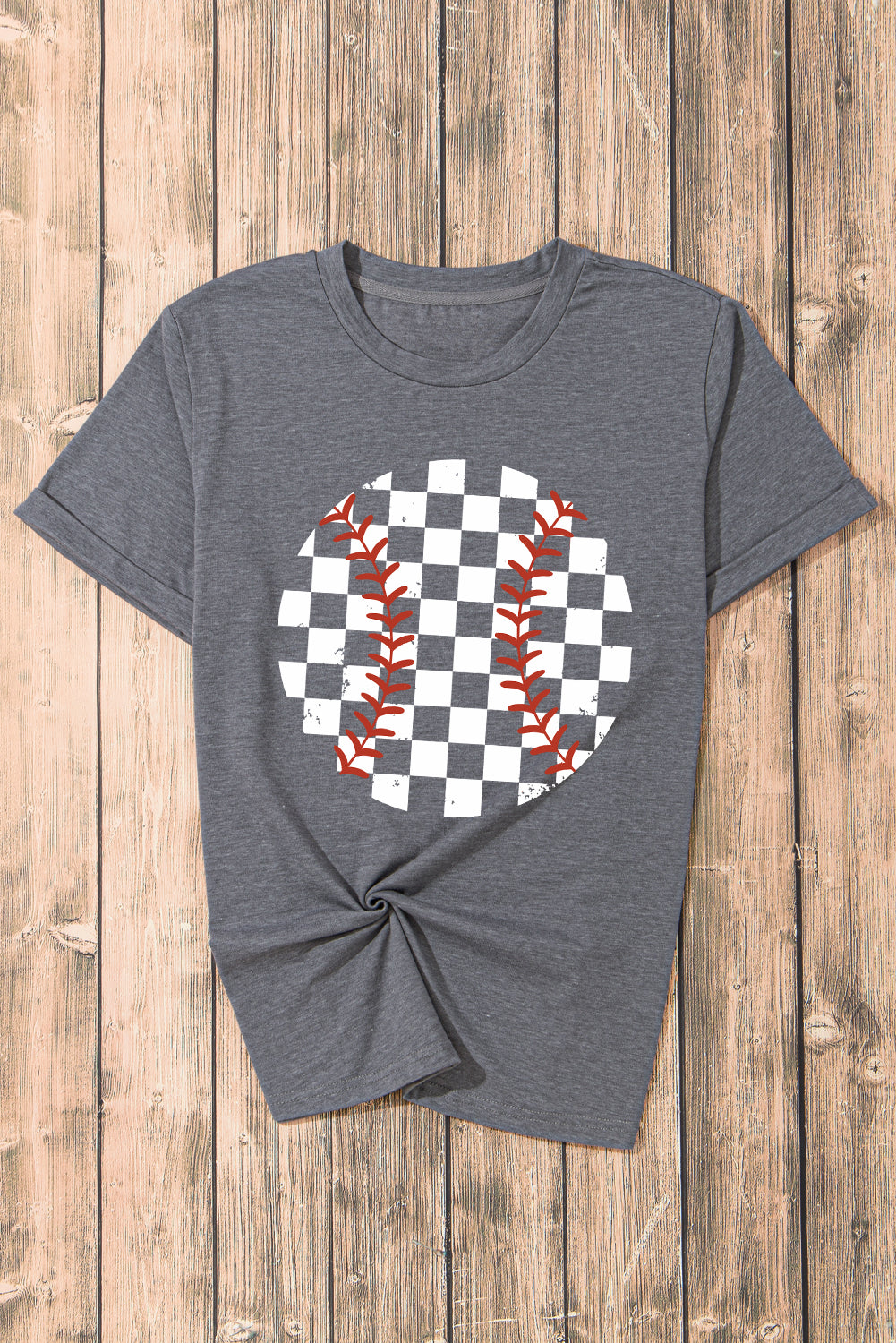 Gray Vintage Checkered Baseball Graphic Tee-Graphic/Graphic Tees-[Adult]-[Female]-2022 Online Blue Zone Planet