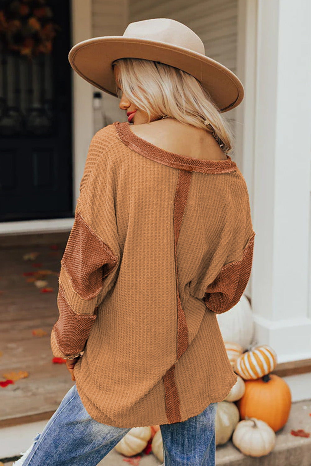 Orange Contrast Patched Exposed Seam Waffle Knit Henley Top-Sale (50% OFF)/30% OFF-[Adult]-[Female]-2022 Online Blue Zone Planet