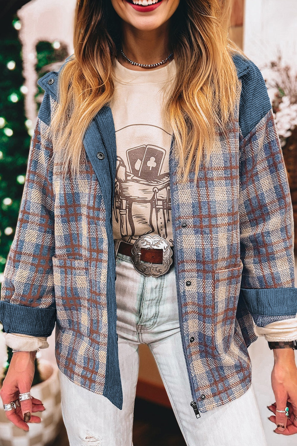 Gray Plaid Corduroy Patchwork Collared Zip Up Snap Button Jacket-Outerwear/Plaid Shackets-[Adult]-[Female]-2022 Online Blue Zone Planet