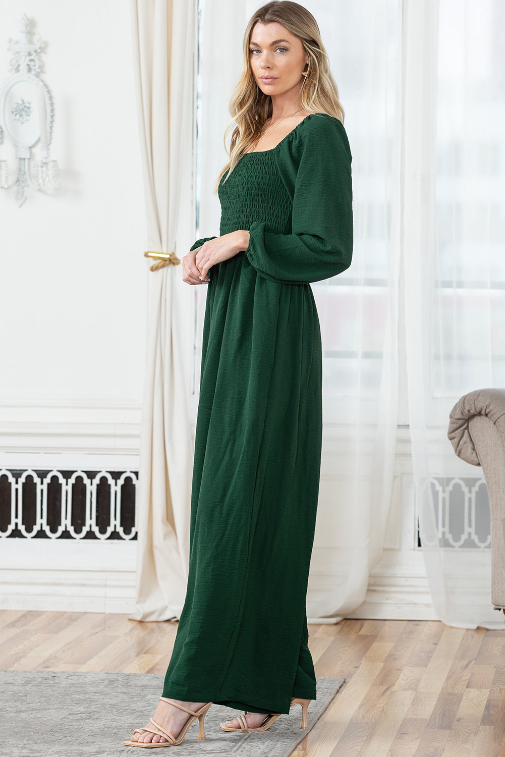 Green Smocked Square Neck Long Sleeve Wide Leg Jumpsuit-Jumpsuits-[Adult]-[Female]-2022 Online Blue Zone Planet