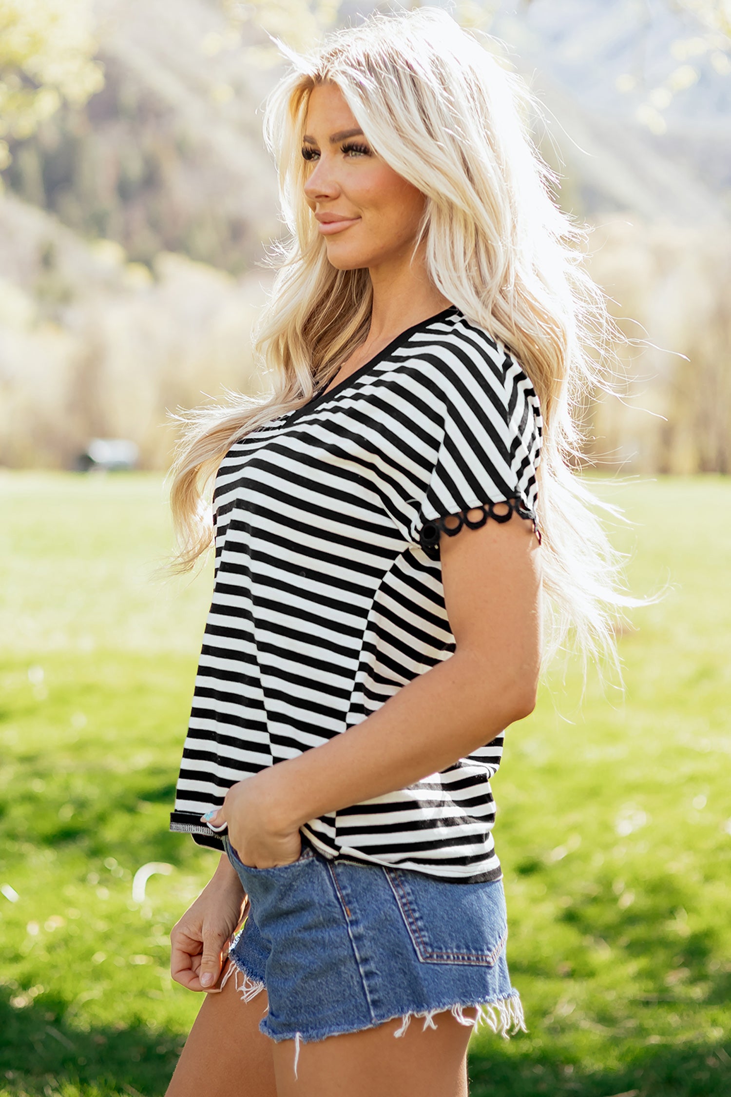 Black Striped Print V Neck Delicate Trim Casual Tee-Tops/Tops & Tees-[Adult]-[Female]-2022 Online Blue Zone Planet