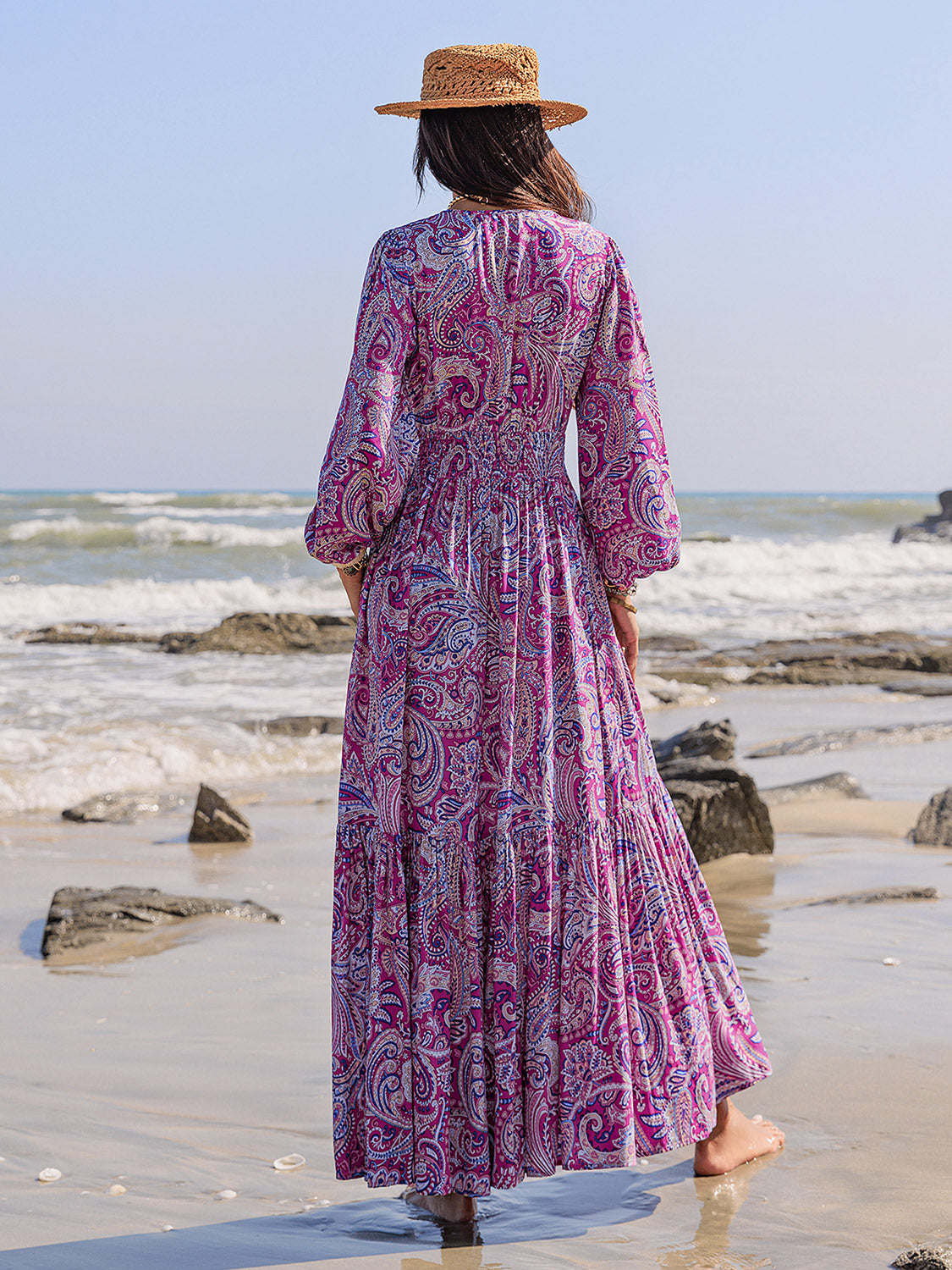 balloon sleeve maxi dress Blue Planet | Printed Tie Neck paired with delicate vertical Color:Baby Pink/Silver nmasjuly26 9 Pretty Summer Dresses