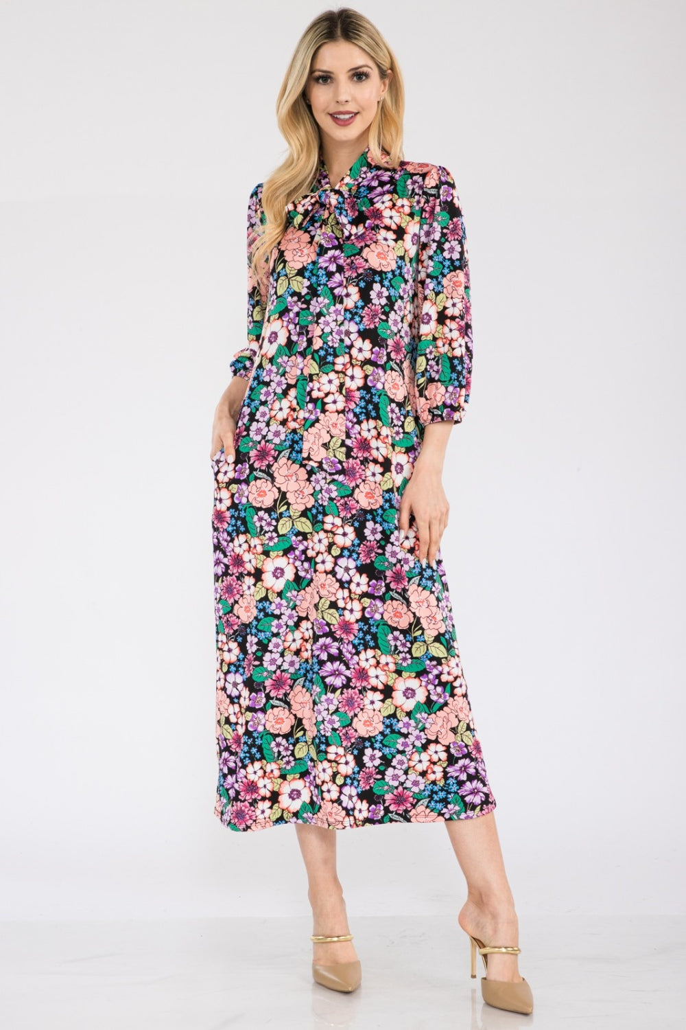 Celeste Full Size Floral Midi Dress with Bow Tied-TOPS / DRESSES-[Adult]-[Female]-Black Floral-S-2022 Online Blue Zone Planet