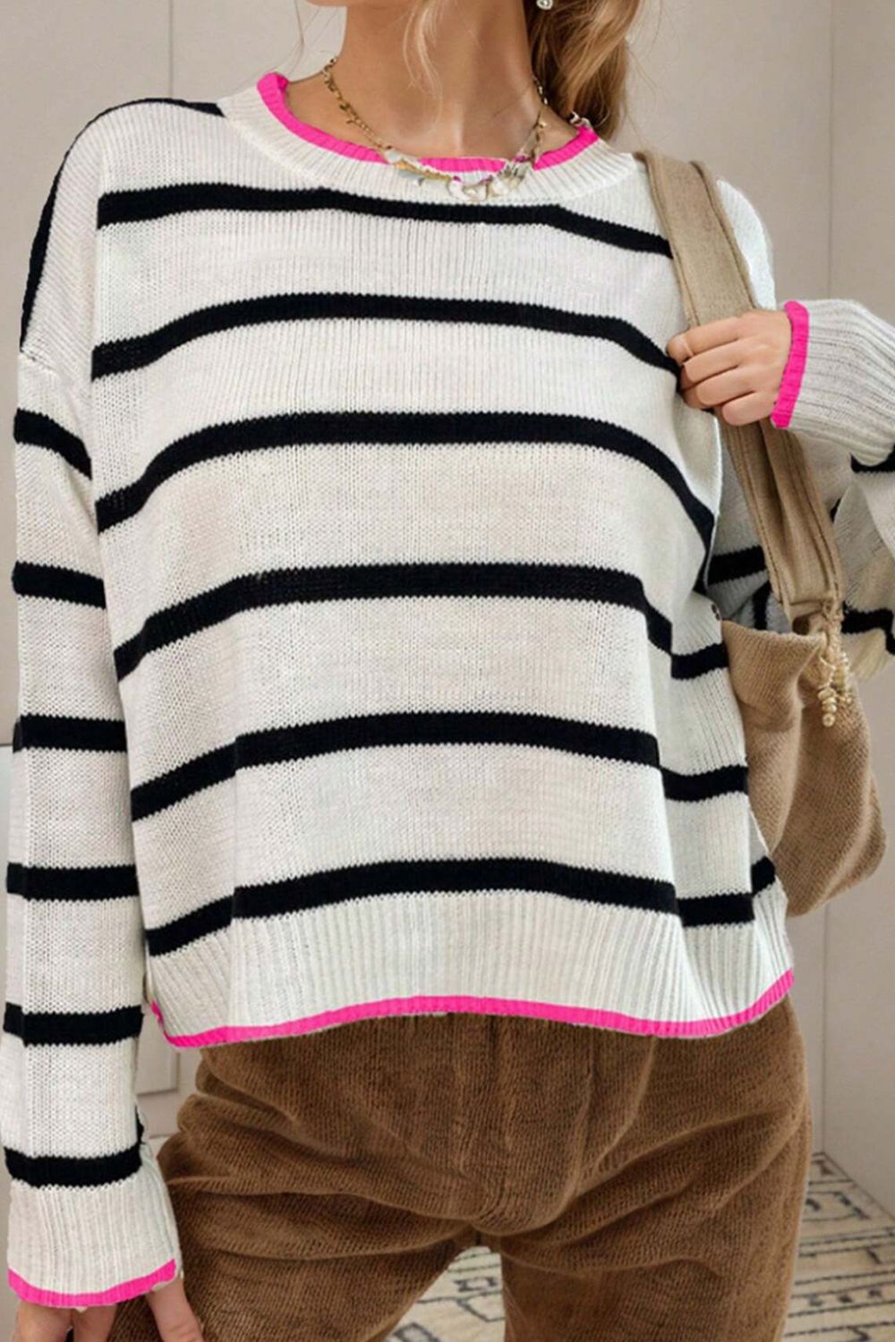 Striped Round Neck Drop Shoulder Sweater-TOPS / DRESSES-[Adult]-[Female]-2022 Online Blue Zone Planet
