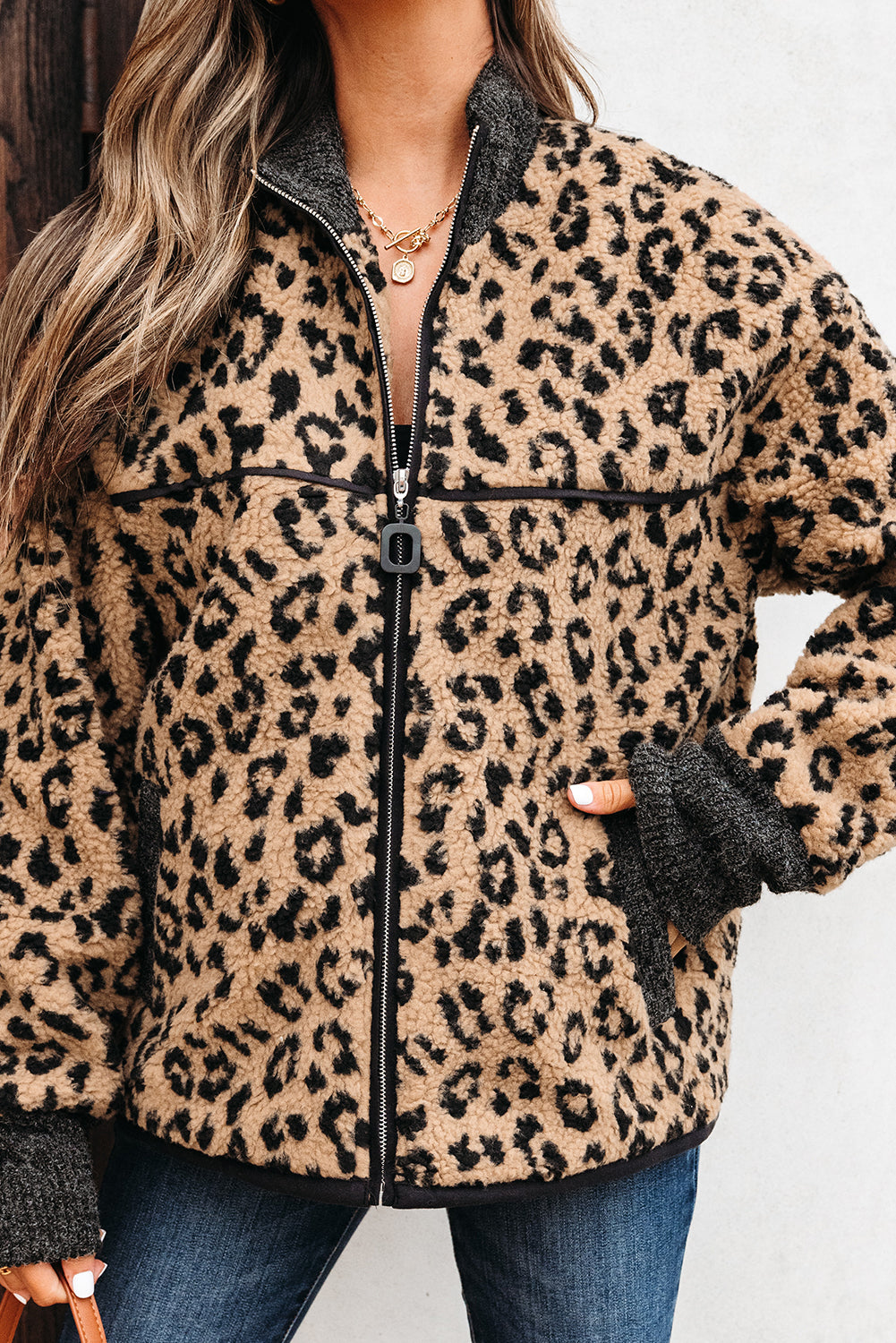 Khaki Leopard Print Zip Up Stand Neck Side Pocket Jacket-Outerwear/Jackets-[Adult]-[Female]-2022 Online Blue Zone Planet