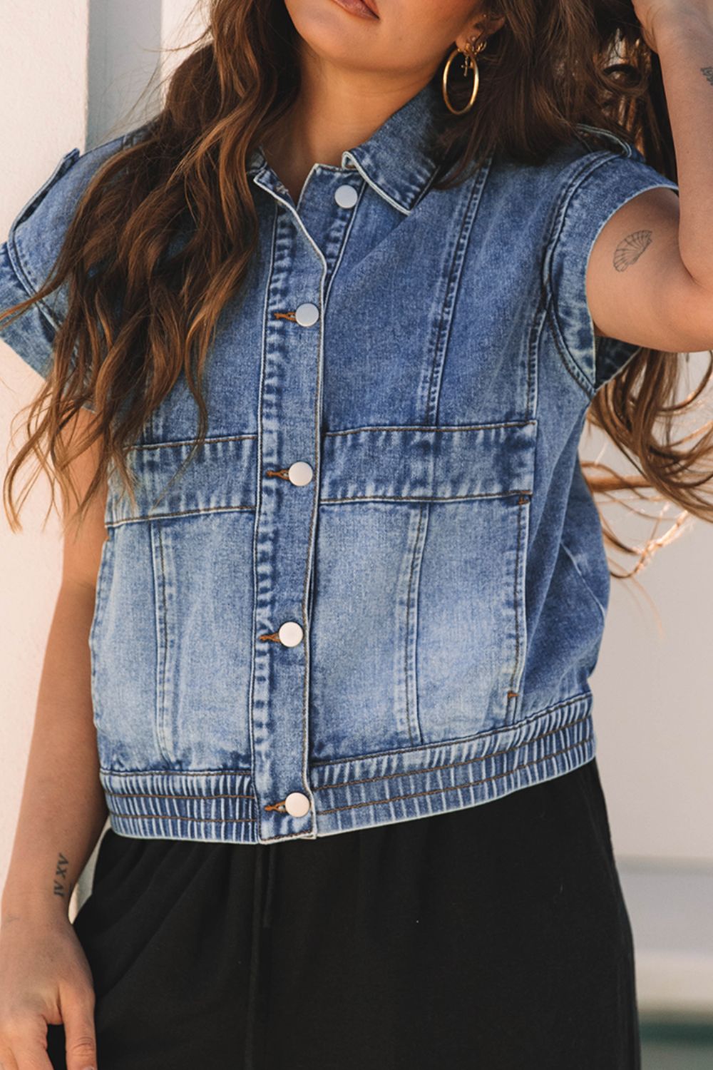 Button Up Cap Sleeve Denim Jacket-TOPS / DRESSES-[Adult]-[Female]-2022 Online Blue Zone Planet