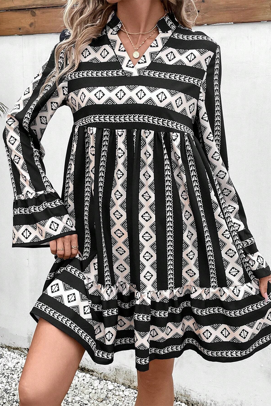 Black Boho Geometric Printed Flared Long Sleeve Mini Dress-Dresses/Mini Dresses-[Adult]-[Female]-Black-S-2022 Online Blue Zone Planet