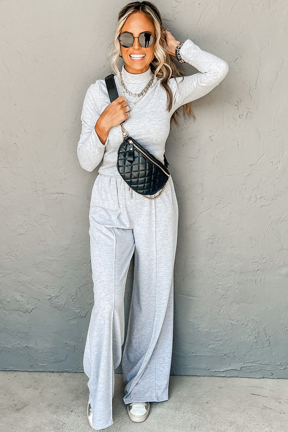 Light Grey Long Sleeve High Neck Slim Top Smocked Waist Central Seam Pants Set-Two Piece Sets/Pant Sets-[Adult]-[Female]-2022 Online Blue Zone Planet