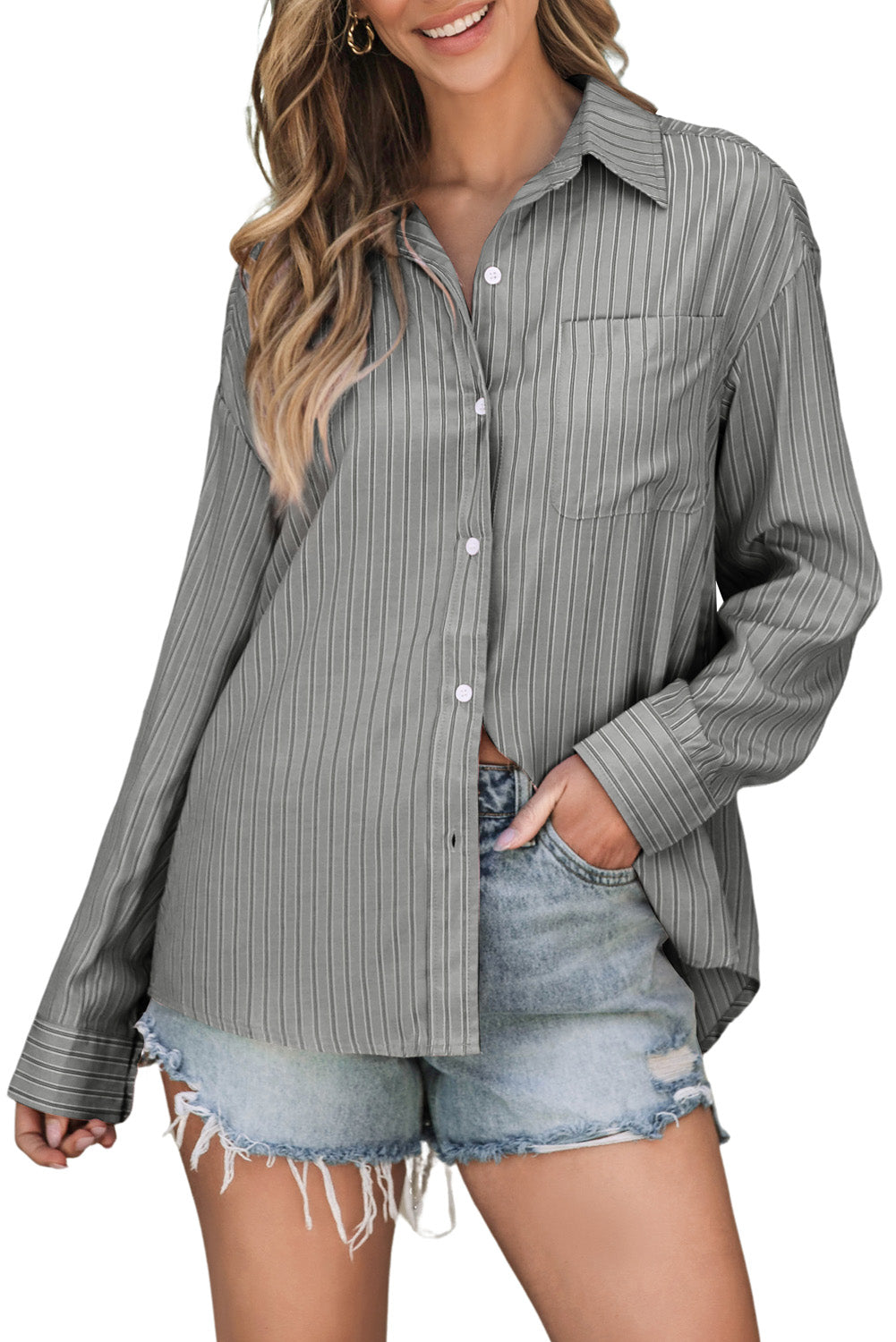 Striped Button Up Long Sleeve Shirt-TOPS / DRESSES-[Adult]-[Female]-Gray-S-2022 Online Blue Zone Planet