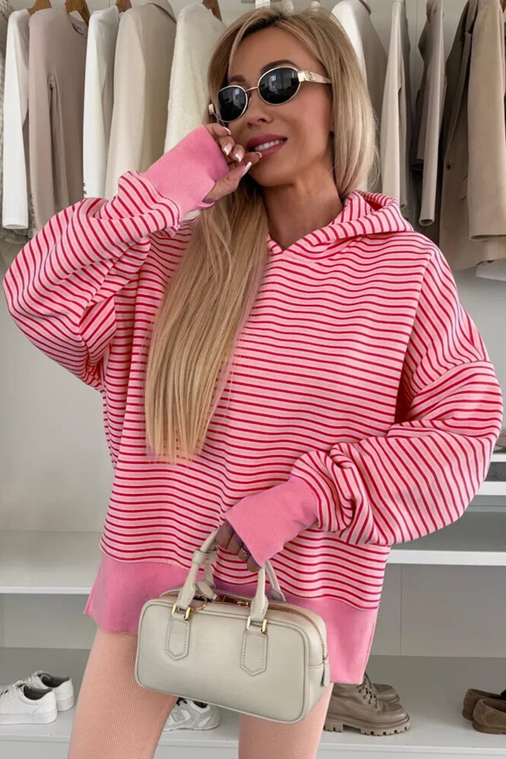 Rose Stripe Thumbhole Side Slits Drop Shoulder Loose Fit Hoodie-Tops / Dresses-[Adult]-[Female]-2022 Online Blue Zone Planet