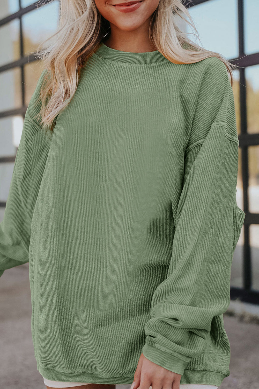 Chestnut Ribbed Corduroy Oversized Sweatshirt-Tops/Sweatshirts & Hoodies-[Adult]-[Female]-Grass Green-S-2022 Online Blue Zone Planet