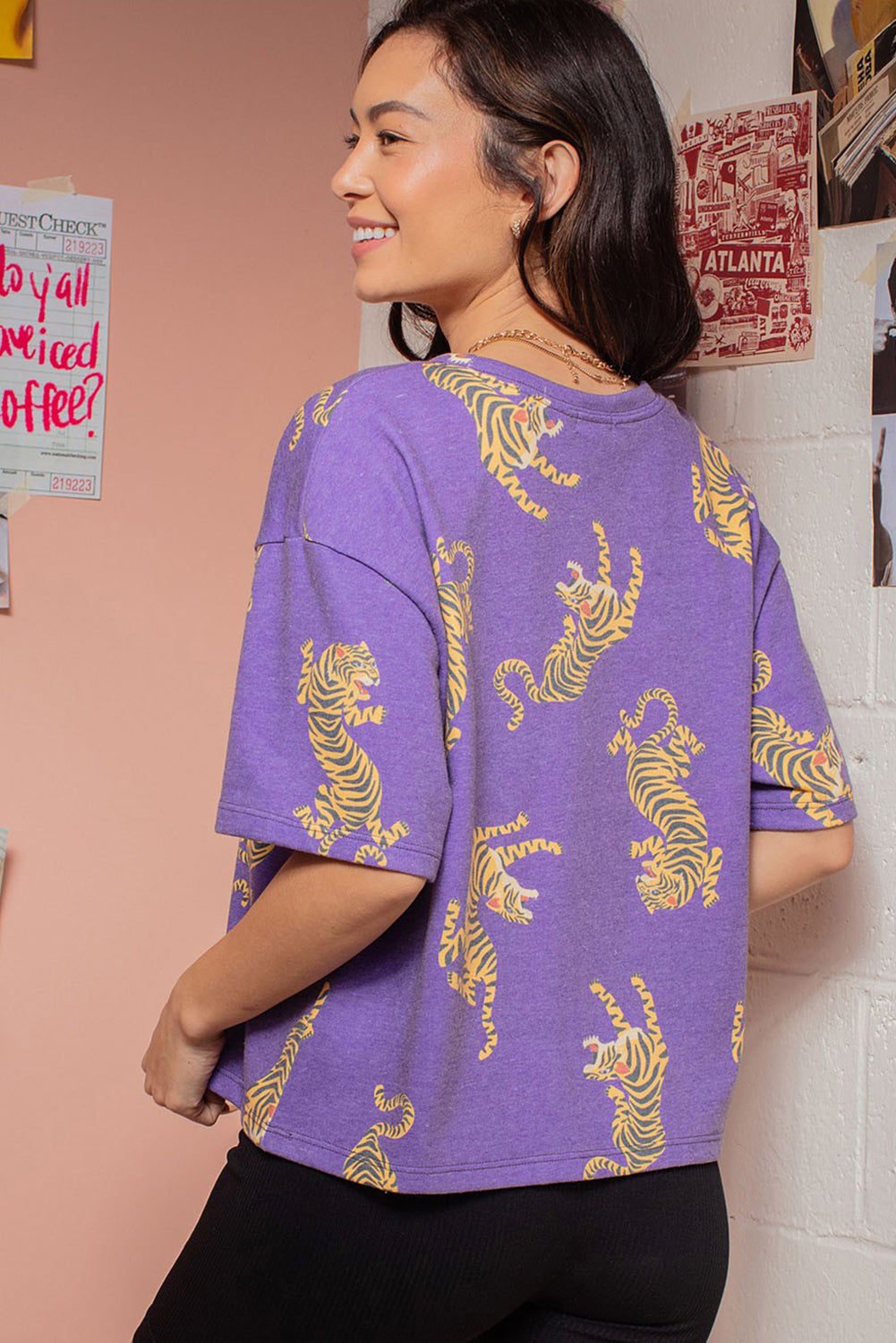 Purple Allover Tiger Printed Patch Pocket Loose T Shirt-Tops/Tops & Tees-[Adult]-[Female]-2022 Online Blue Zone Planet