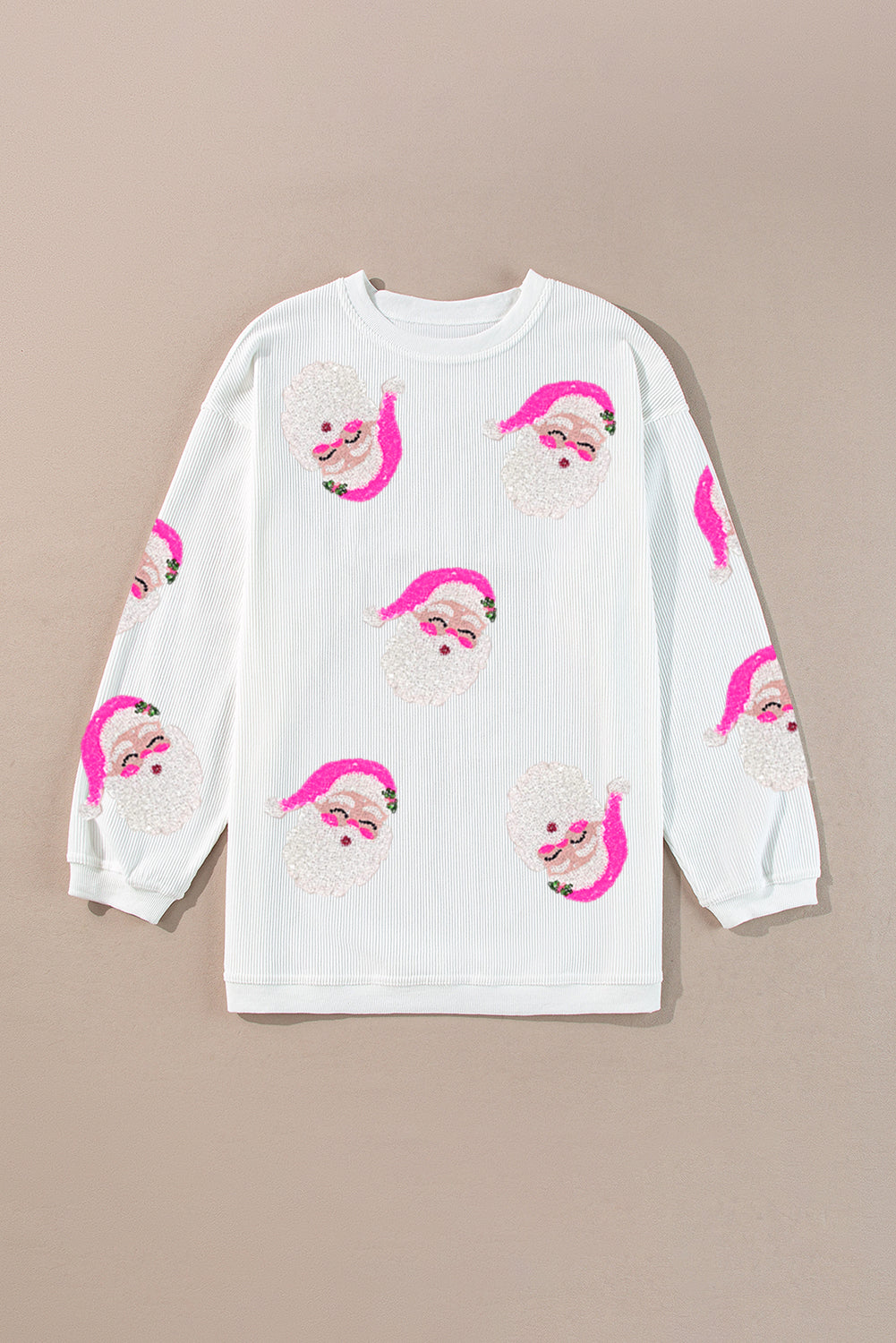 Blue Zone Planet | White Sequin Santa Claus Ribbed Oversized Graphic Sweatshirt-Graphic Sweatshirts-[Adult]-[Female]-2022 Online Blue Zone Planet