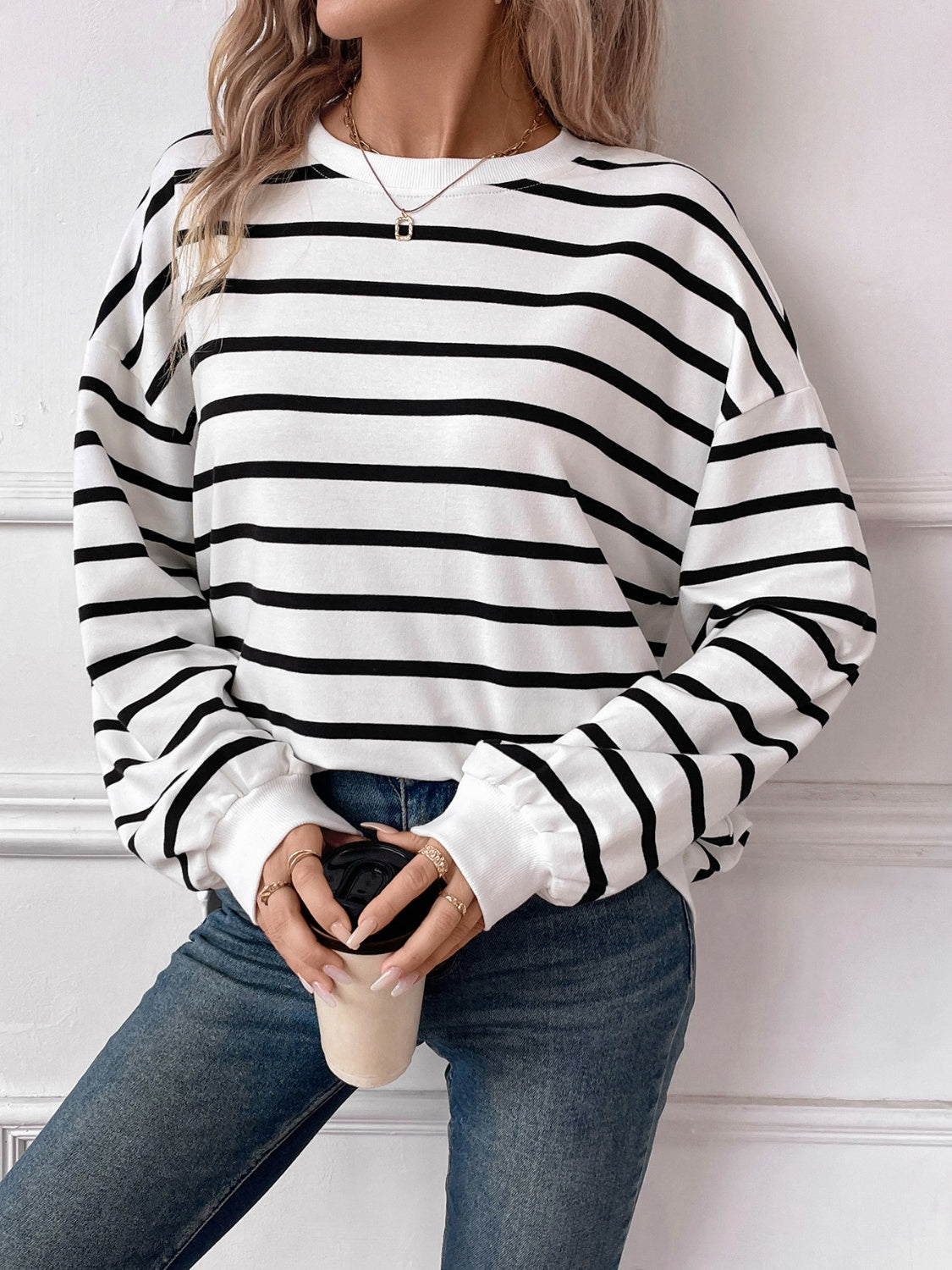 Blue Zone Planet | Lovelet Striped Round Neck Long Sleeve Sweatshirt-TOPS / DRESSES-[Adult]-[Female]-2022 Online Blue Zone Planet