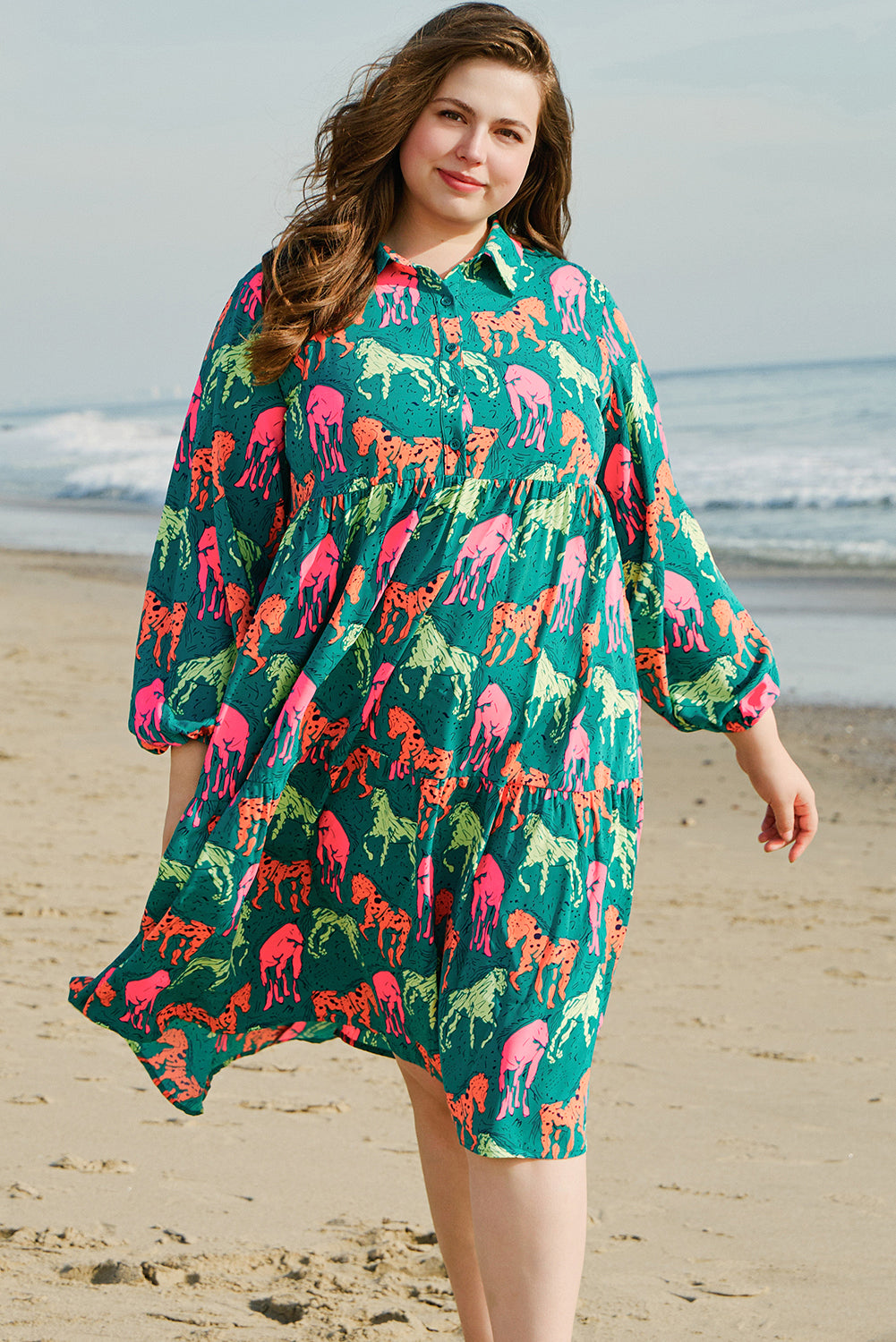 Blue Zone Planet | Green Horse Printed Long Sleeve Collared Buttoned Plus Size Midi Dress-TOPS / DRESSES-[Adult]-[Female]-2022 Online Blue Zone Planet