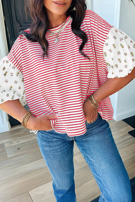 Red Stripe Floral Puff Sleeve Patchwork Round Neck Loose Top-Tops/Blouses & Shirts-[Adult]-[Female]-Red Stripe-S-2022 Online Blue Zone Planet