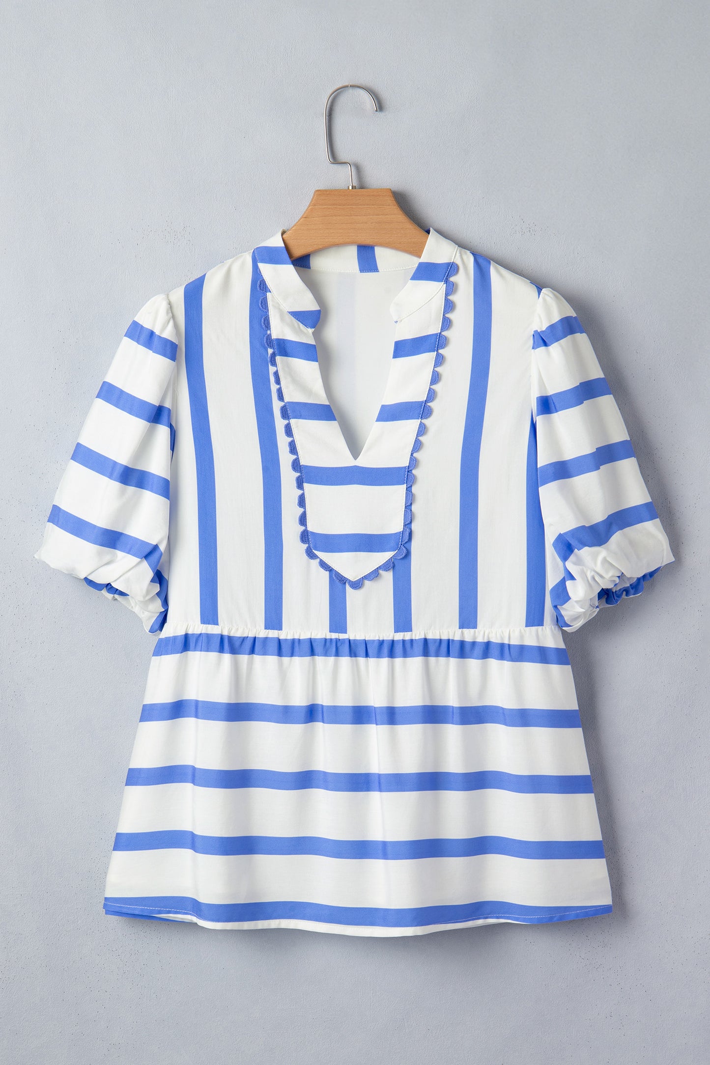 Sky Blue Stripe Split V Neck Puff Sleeve Summer Blouse-Tops/Blouses & Shirts-[Adult]-[Female]-2022 Online Blue Zone Planet