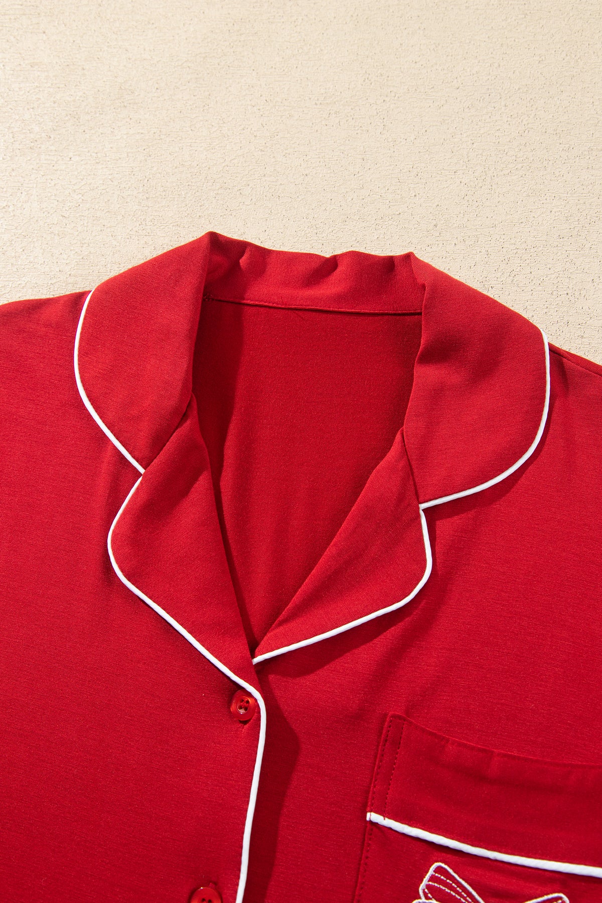 Racing Red Bow Pocket Detail Long Sleeve Shirt 2pcs Pajama Set-Loungewear & Sleepwear/Loungewear-[Adult]-[Female]-2022 Online Blue Zone Planet