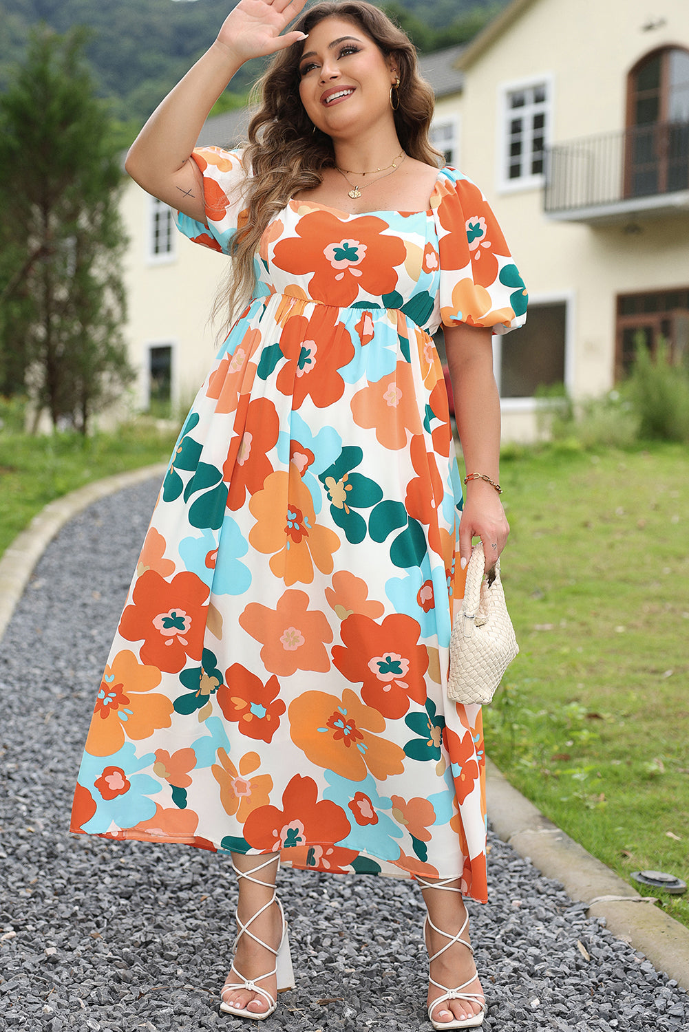 Blue Zone Planet | Orange Plus Size Flower Print Shirred Square Neck Maxi Dress-TOPS / DRESSES-[Adult]-[Female]-2022 Online Blue Zone Planet