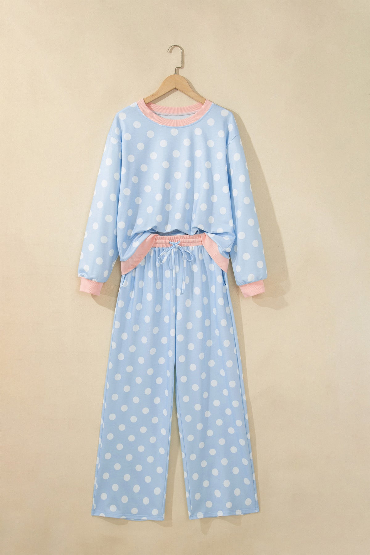Pink Polka Dot Contrast Trim Long Sleeve Top Drawstring Shift Pants Set-Two Piece Sets/Pant Sets-[Adult]-[Female]-2022 Online Blue Zone Planet