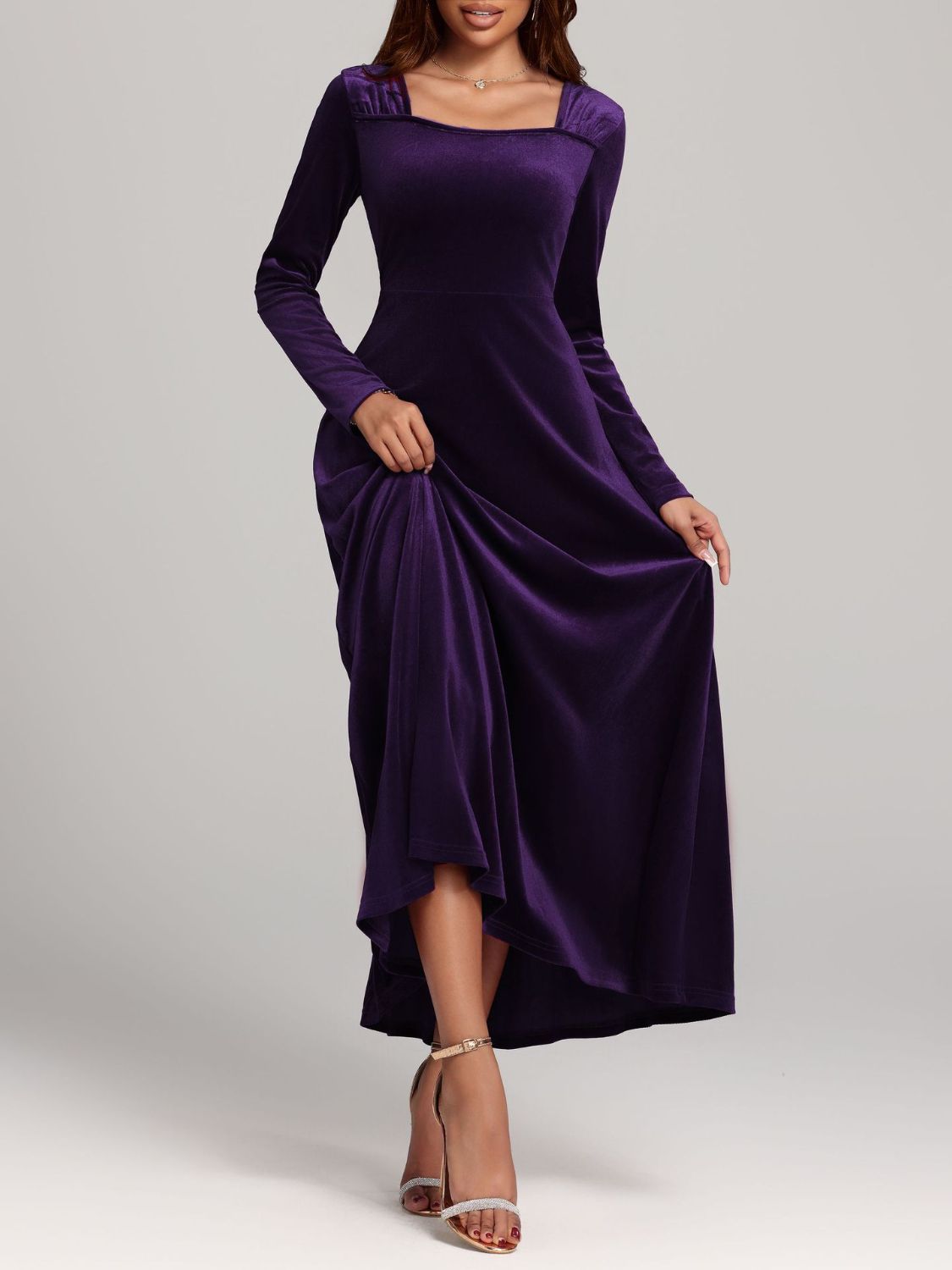 Blue Zone Planet | Square Neck Long Sleeve Velvet Dress-TOPS / DRESSES-[Adult]-[Female]-2022 Online Blue Zone Planet